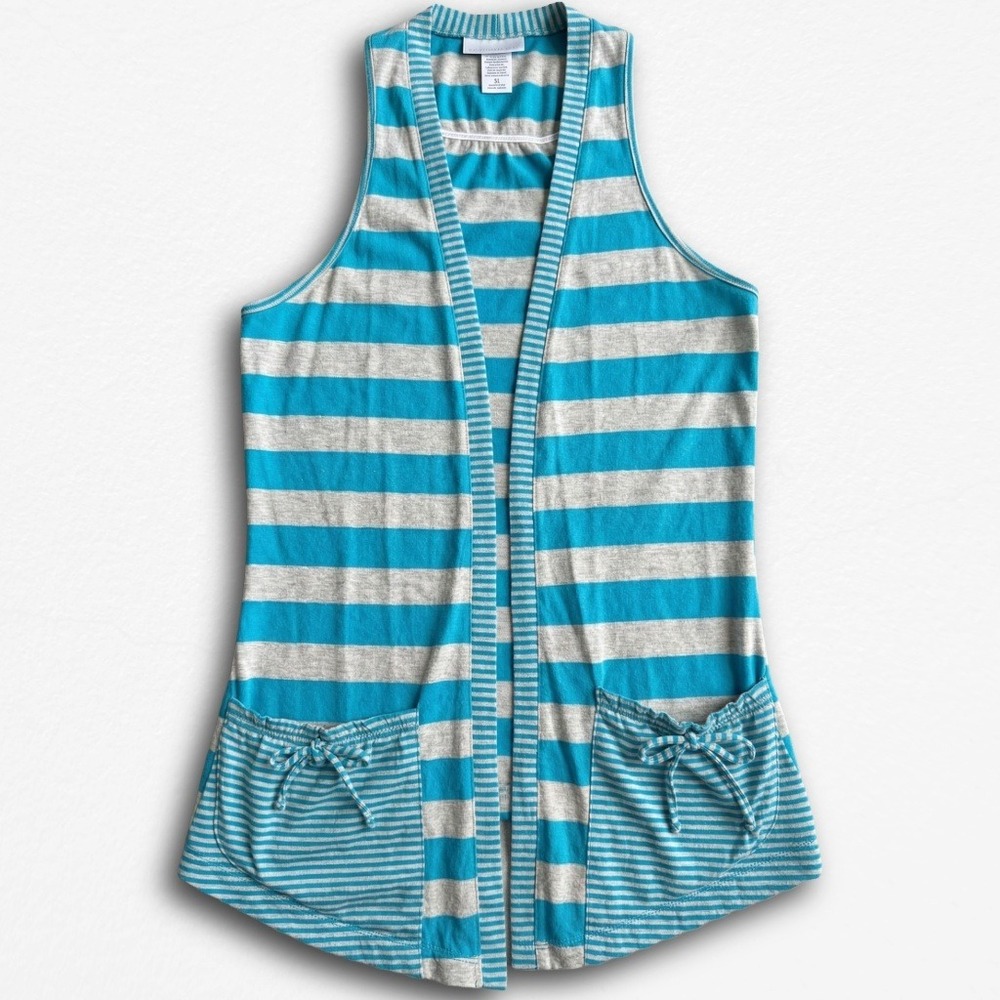 Self Esteem Womens Y2K Striped Open Front Racerback Vest Blue Grey Small